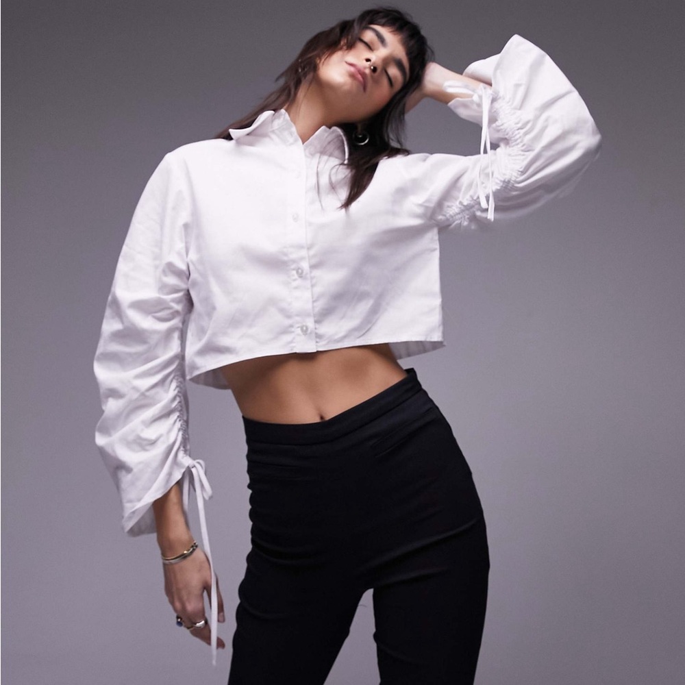 ASOS - Topshop Cropped Blouse with Ruched Sleeves